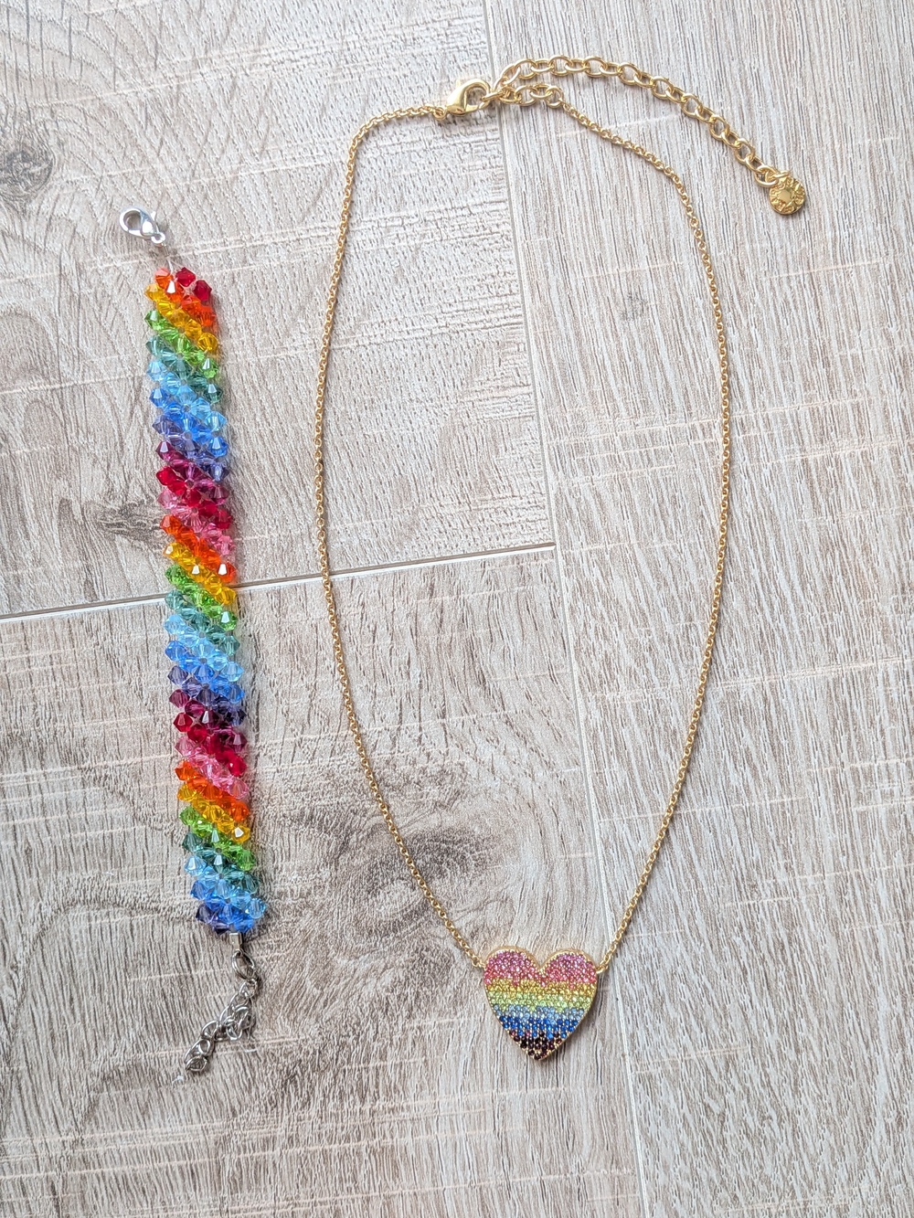 NWOT Lot 2 Pride Baublebar Rainbow Gold Tone Heart Necklace Crystal Bracelet